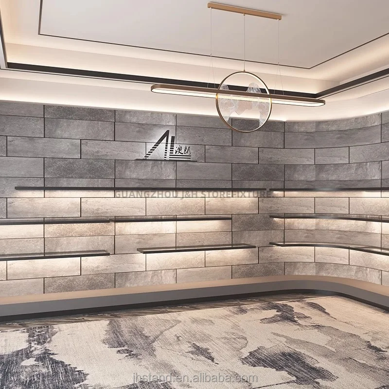 Factory shoes rack clothes display store 3D design custom wall shelves display table shoes box bag book shelf wall gold shelf