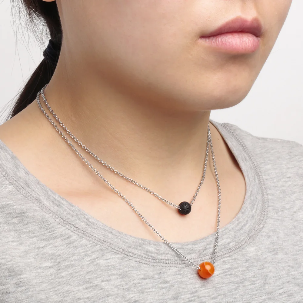 Fashion Gemstone 10mm Natural Stone Beads Stainless Steel Alloy Silver Pendant Necklace Chain Necklace Jewelry For Women Men