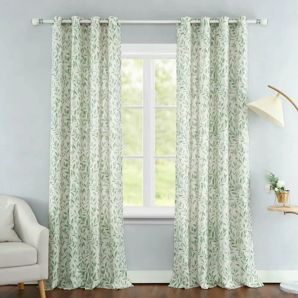 Botanical Leaves Printed Curtains, Green Leaves Thermal Insulated Privacy modern living room Drapes with Grommets