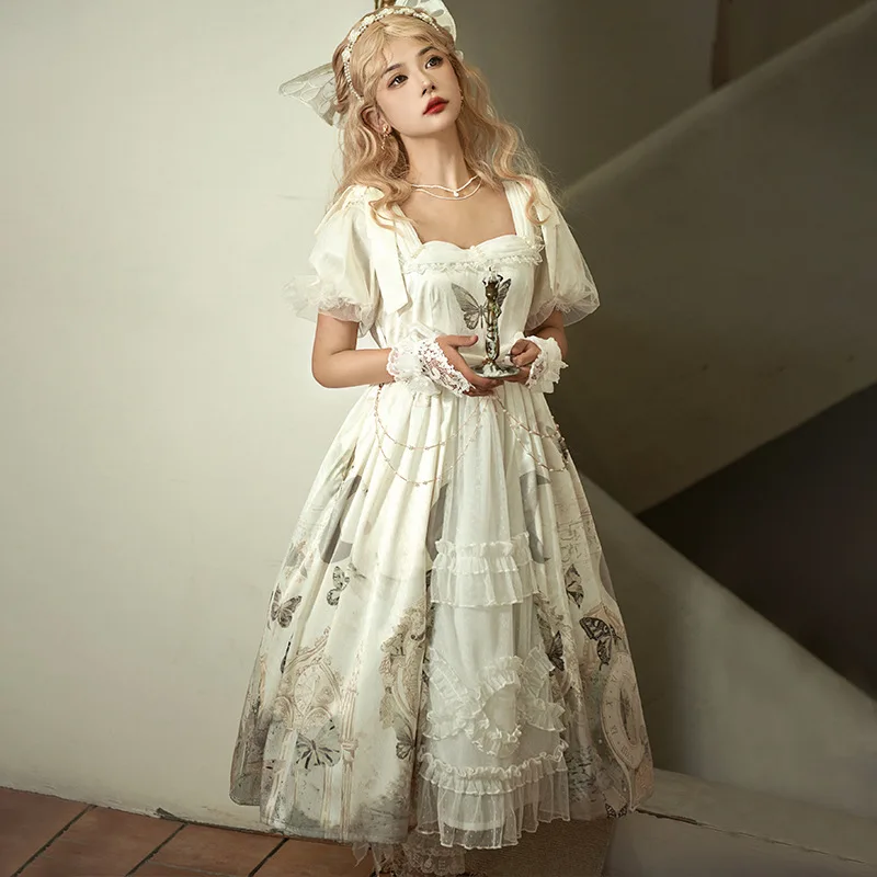 Square neck tight waist vintage retro gothic royal dress patchwork bow knot lolita dresses for women