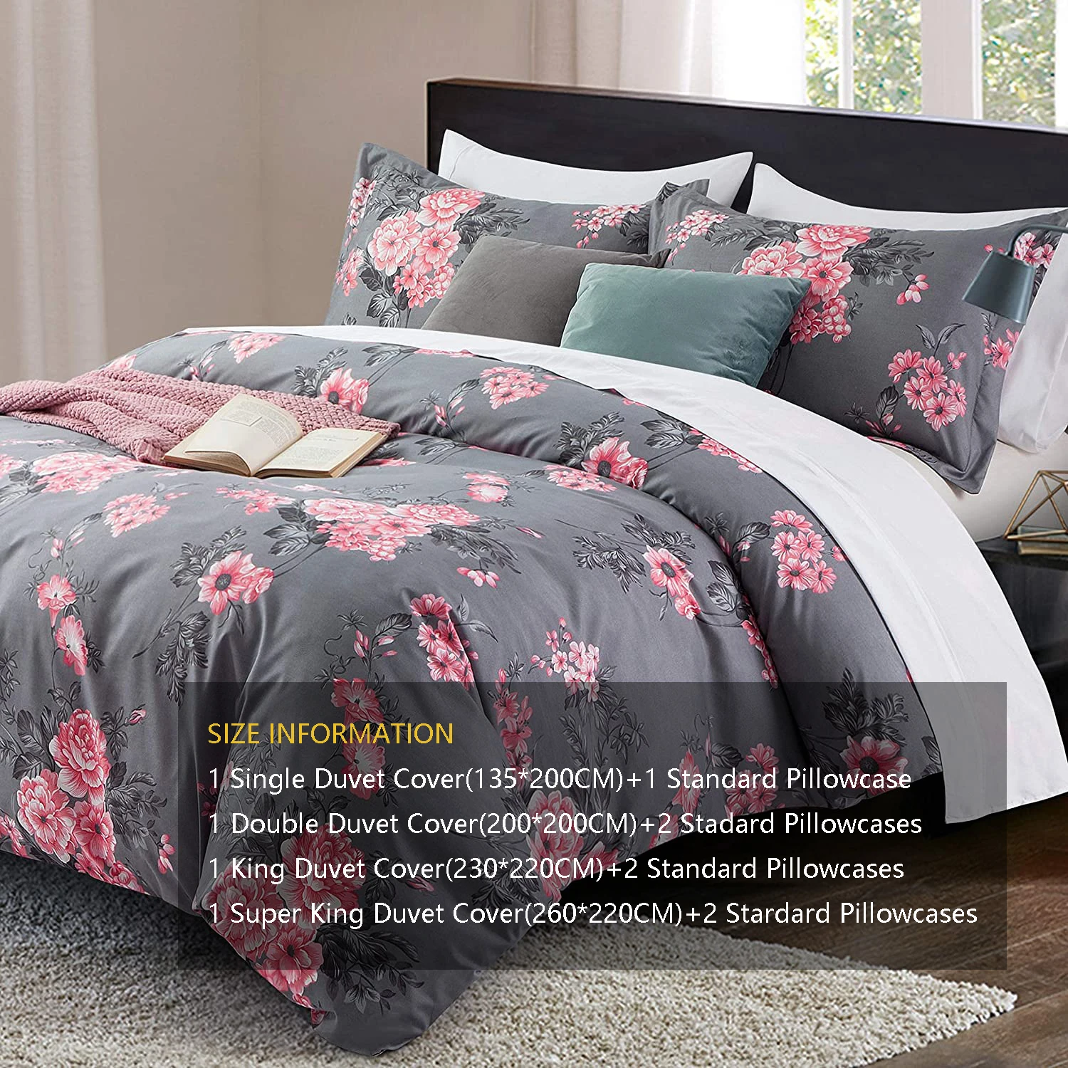 China Factory Price Soft Reversible Brushed Microfiber Printed Bed Duvet Cover Sets Quilt Cover With Pillow Cases Grey Bouquet
