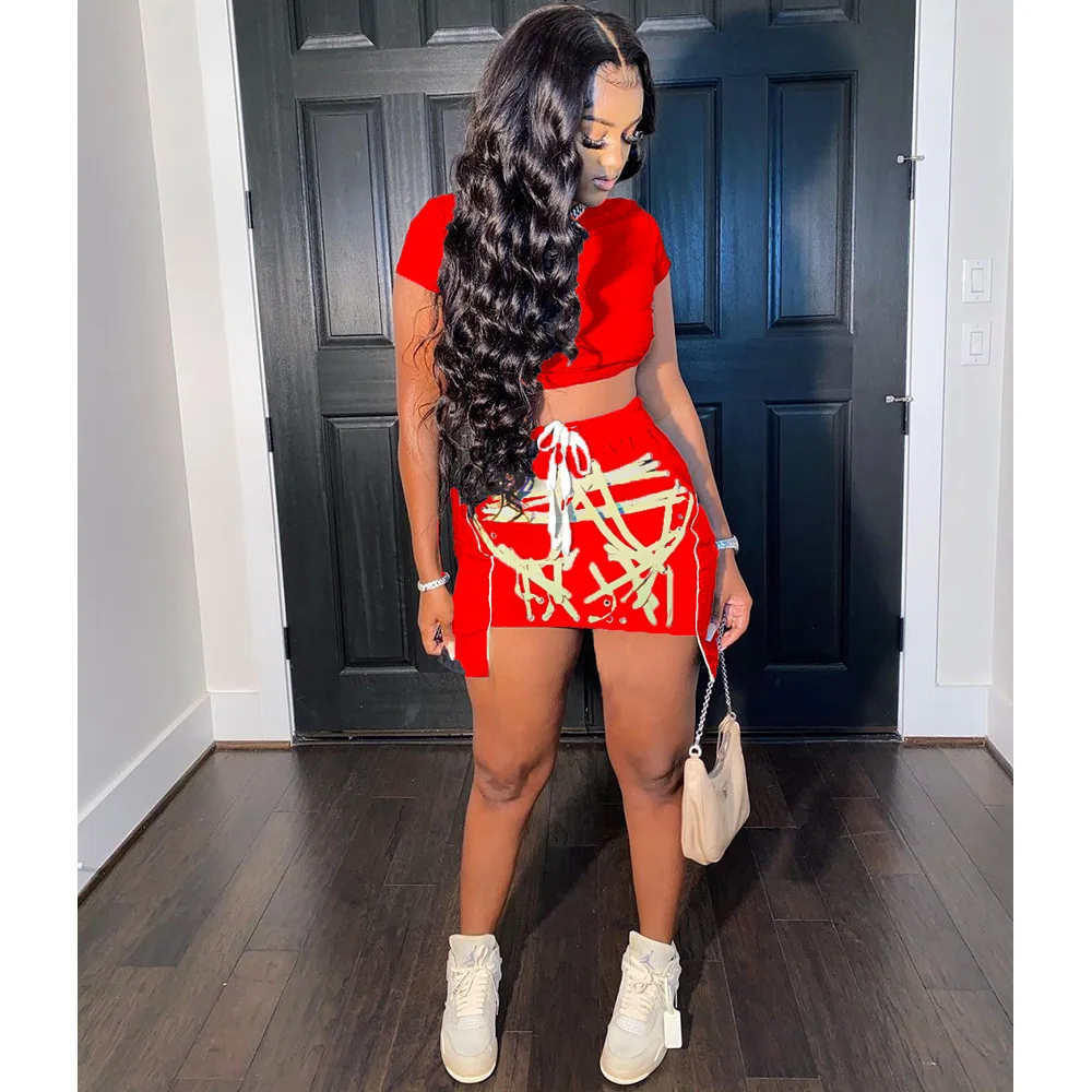 2021 продажу; Женские туфли из двух частей, комплект нарядной одежды светящимся принтом для клубных и недоуздком Носите мини платья комплект из 2 предметов, комплект со штанами, большой размер, платье юбка