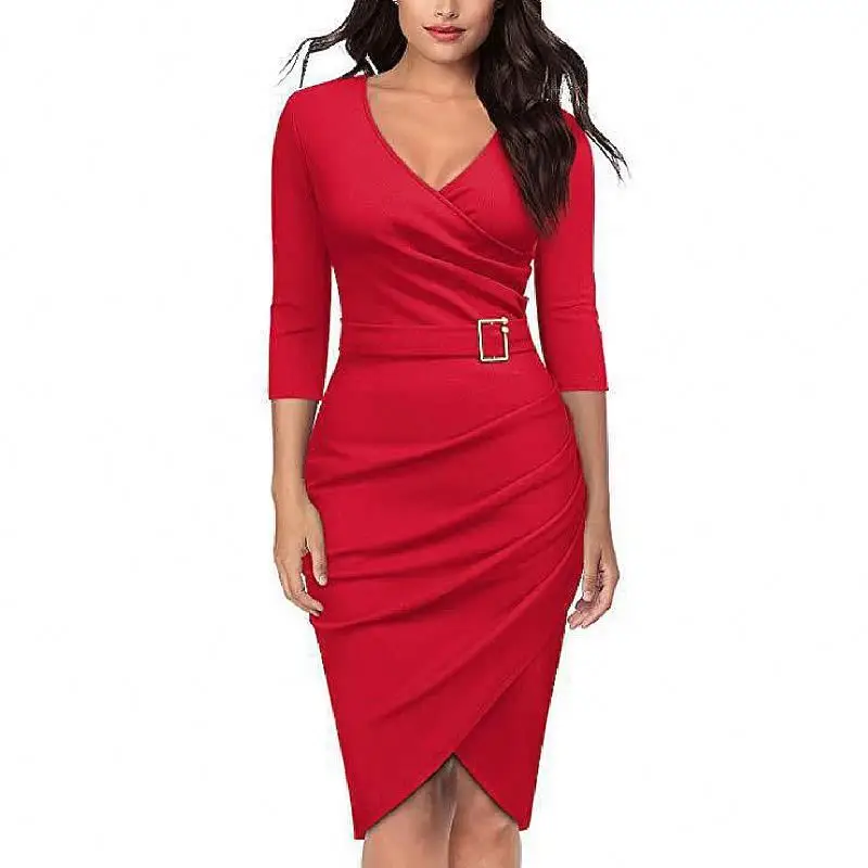 Custom Sexy Women Fashion Spring Autumn Dress Solid color Seven Sleeve Casual Slim Pencil Party Evening Dresses
