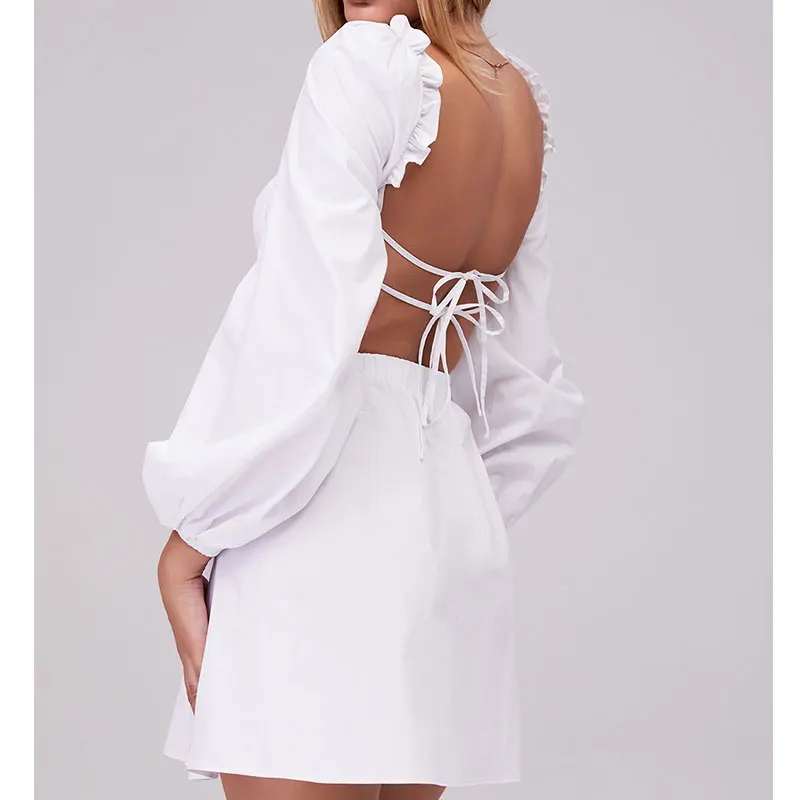 INNOVATE WHITE GATHERED OPEN BACK MINI DRESS low cut back mini dress