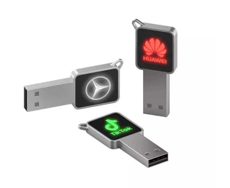 2022 hot sale custom logo Keychain usb pen flash drive metal key shape usb LED light up Logo for Car