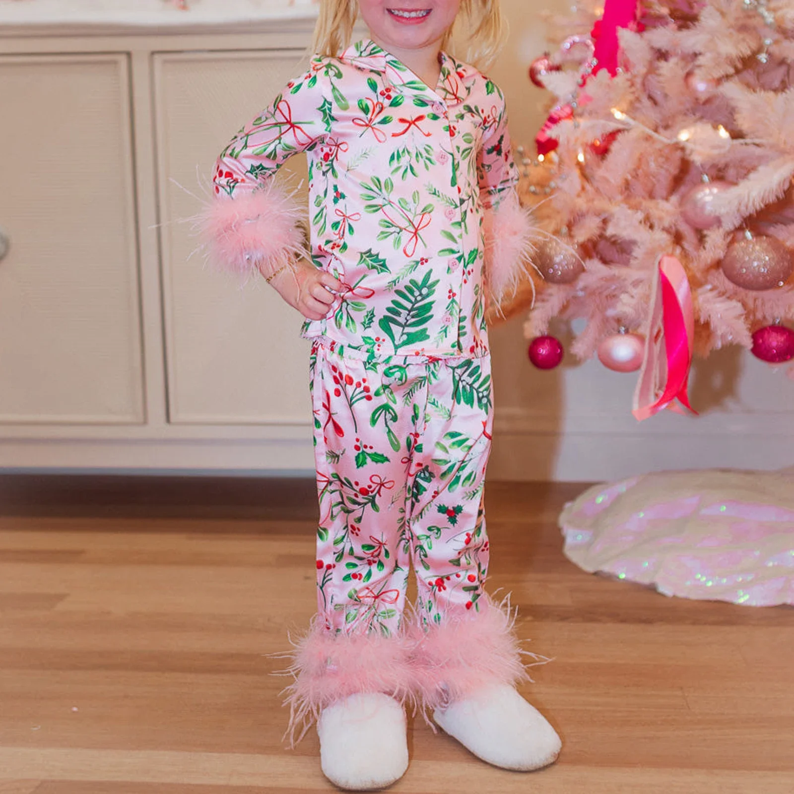 Mommy and Me Christmas Pajamas Set Floral Print Long Sleeve Silk Top Pants Set Feather Cuff Xmas Sleepwear for Mother Daughter