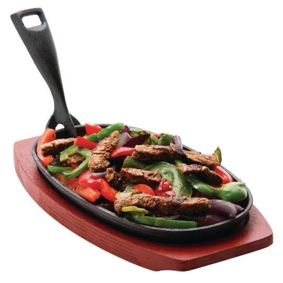 Custom size shape black cast iron sizzling hot bbq grill dinner plate frying pan skillet steak plate sizzle platter