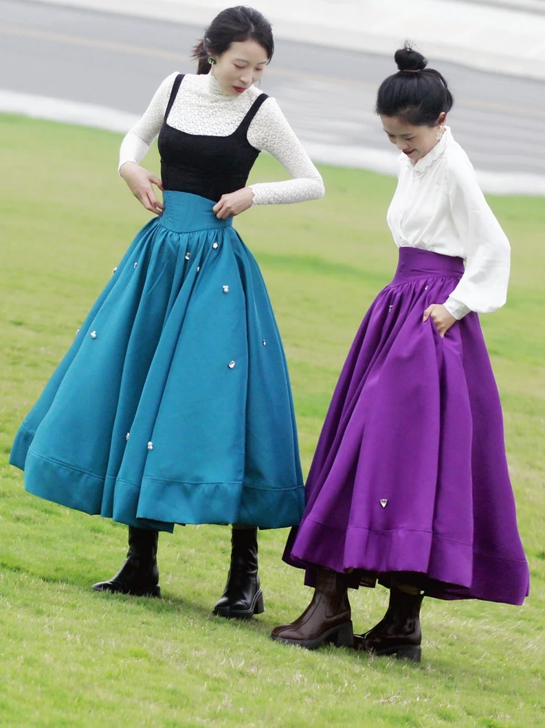 mid-length high waist pocket satin classic umbrella skirt slimming hand-stitched retro style Skirts