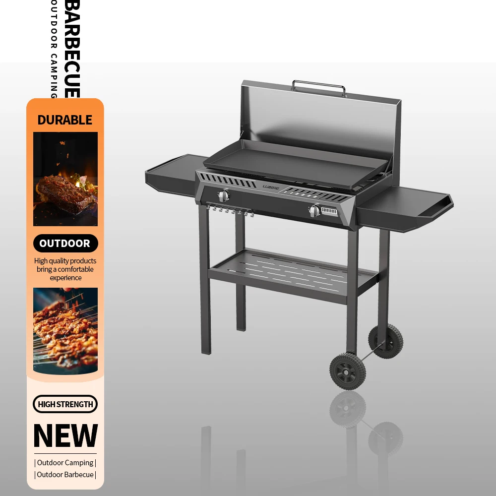 Two Side Shelf Camping Cooker Outdoor Griddle Two Burners Steel Gas Griddle with Hood