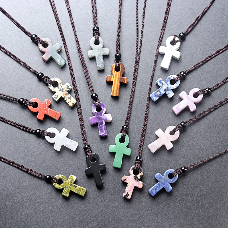 Crystal agate stone Anka cross necklace Egyptian symbol of life stone necklace Factory Wholesale