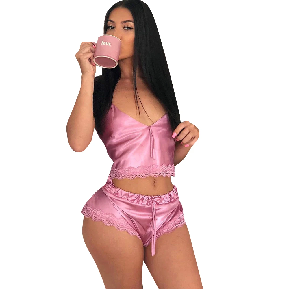 Hot sale ladies plain sleeveless two piece sexy woman lace pajamas made in China