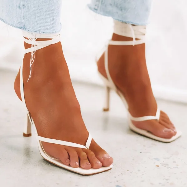 Best Selling Sexy Ladies High Heel Dress Shoes T-Strap Black White Fashion Women Stiletto Ankle Strappy Elegant Party Sandals