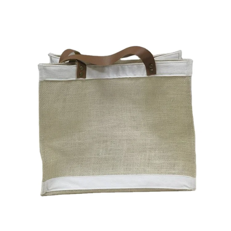 Shoulder Leather Bamboo Handle Eco Friendly Custom Plain Recycled Extra Large Bulk Wholesale Jute Beach Bag
