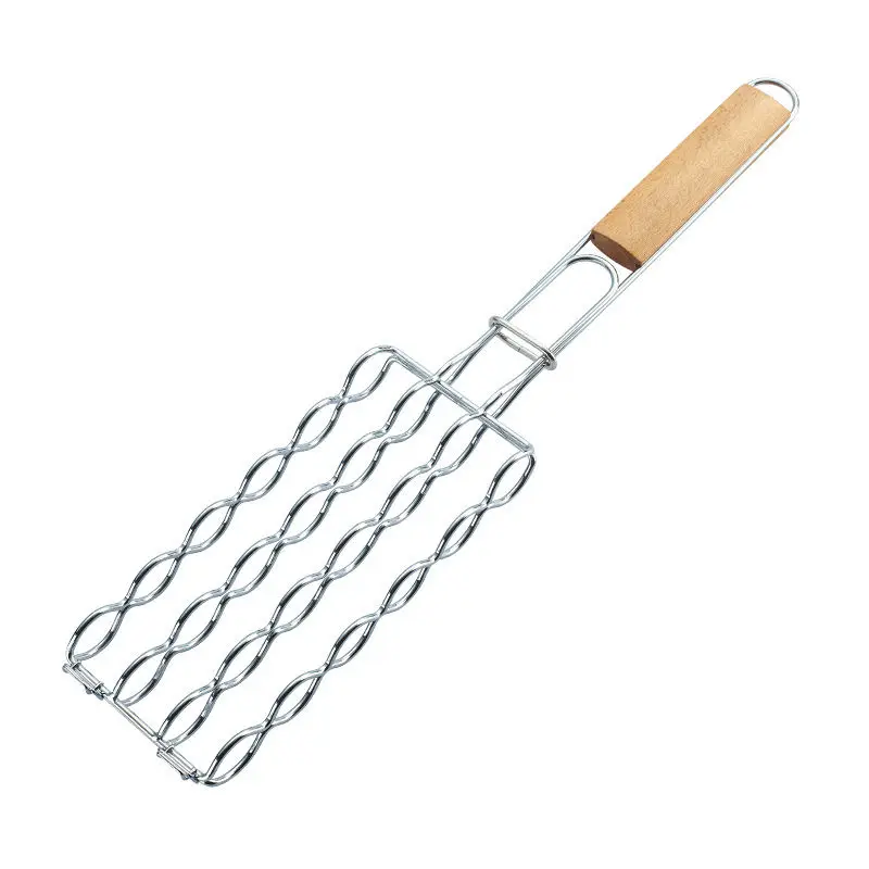 Stainless Steel Barbecue Grill Mesh Net BBQ Grill Basket with Wooden Handle for Sausage