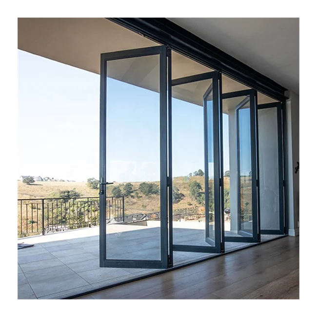 Office Exterior Tempered Reflective Glass Aluminum Alloy Frame Folding Sliding Door System