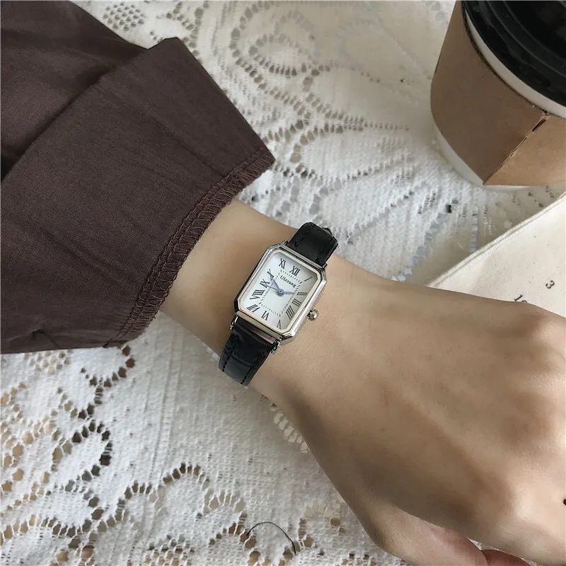 Rectangle Fashion Ladies Watches For Women Girl Simple  black and brown Leather Watchband Quartz Minimalist Wristwatches