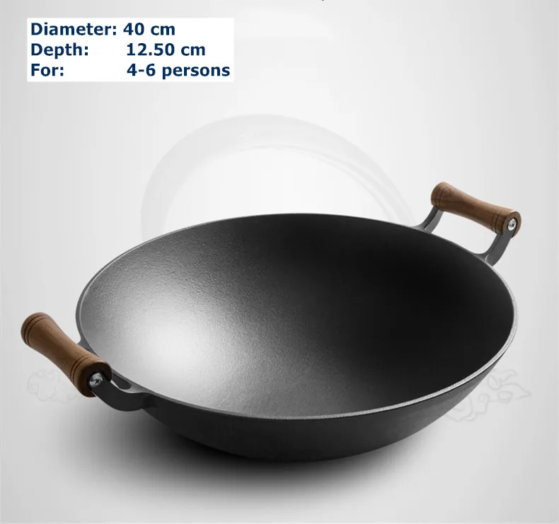 Cast Iron Woks Frying Pan Non-Stick Deep Skillet Double Ears Cooking Pot with Wooden Lid and Wooden Handle