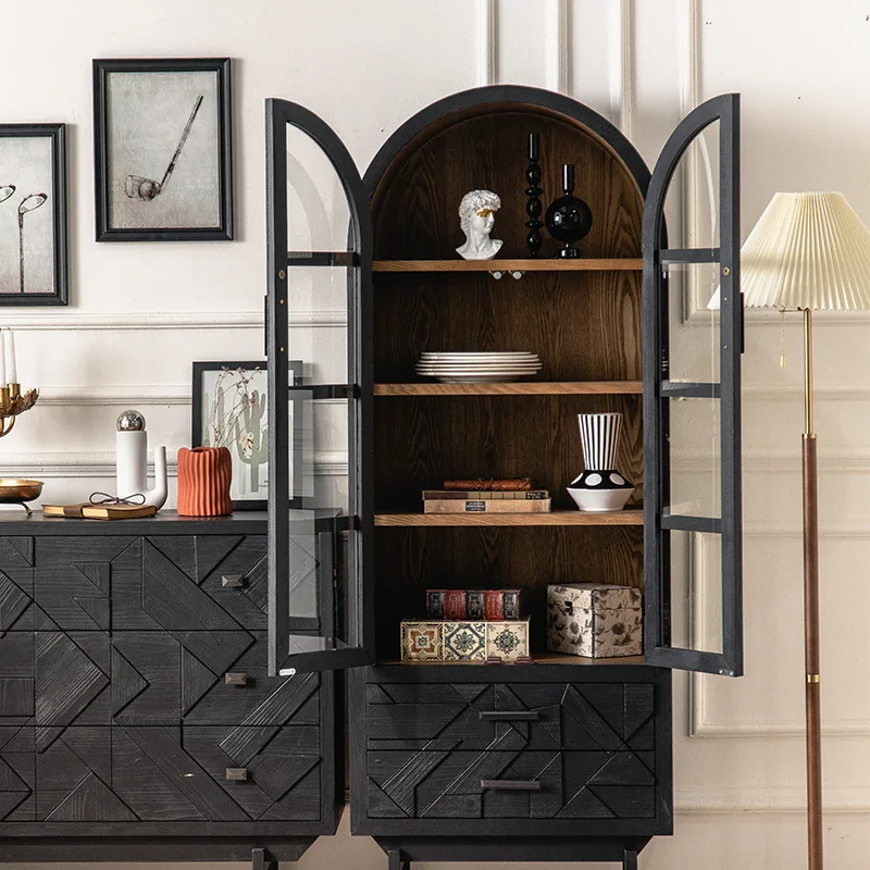 Farmhouse Living Room Cabinets Buffet Sideboard Vintage Wooden Storage Cabinet with Drawers Arched Black Kitchen Cabinet