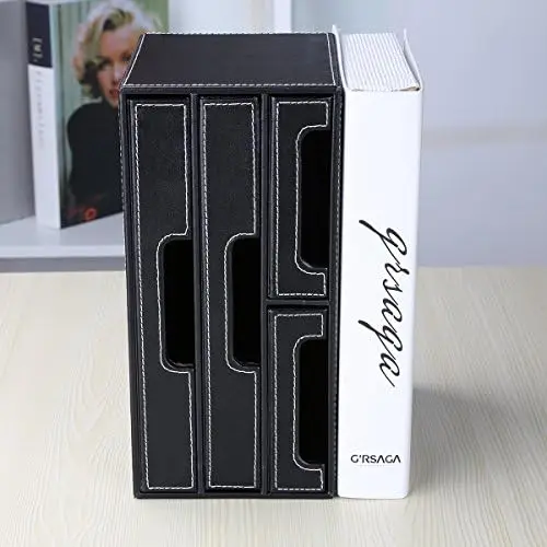 Small Desktop Stationery Storage Box Black PU Leather 4-Drawer Desk Organizer Standing Type Office Supplies Accessories Bills