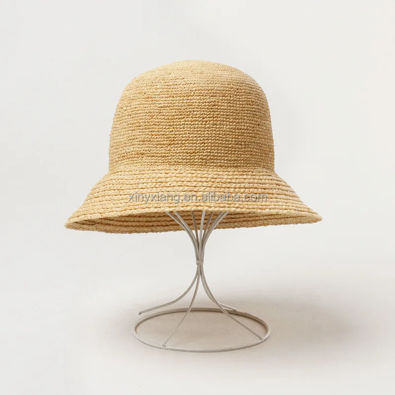 Factory Custom Hand Crocheted Raffia Kettle Brim Hat, Foldable Natural Round Crocheted Raffia Straw Hat, Knitted Raffia Cap