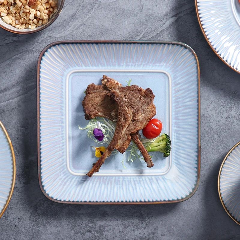 Porcelain Round Plate Blue Luxury Dinnerware Chaozhou Ceramic Factory 12 Inch Main Plate For Restaurant Hotel