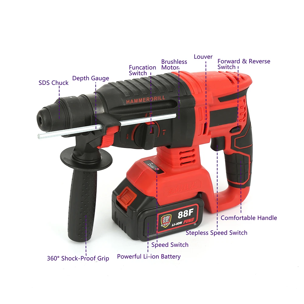Wholesale Customized Electric Power Tools Portable Cordless Lithium Drilling Machines Professional Brushless Rotary Hammer Drill