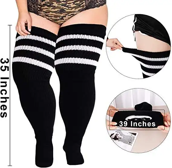 Plus Size Womens Thigh High Socks for Thick Thighs- Extra Long Striped Thick Over the Knee Stockings- Leg Warmer Boot Socks