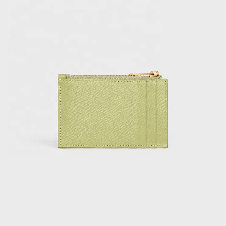 Custom Logo Grained Leather Zipped Card Holders Black Leather Small Zipped Women Cardholders with Three Card Slots