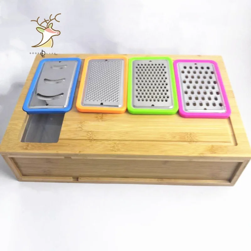 Costom Large Bamboo Cutting Board With Containers For Kitchen Chopping Boards With 4 Compartments with  4 grater