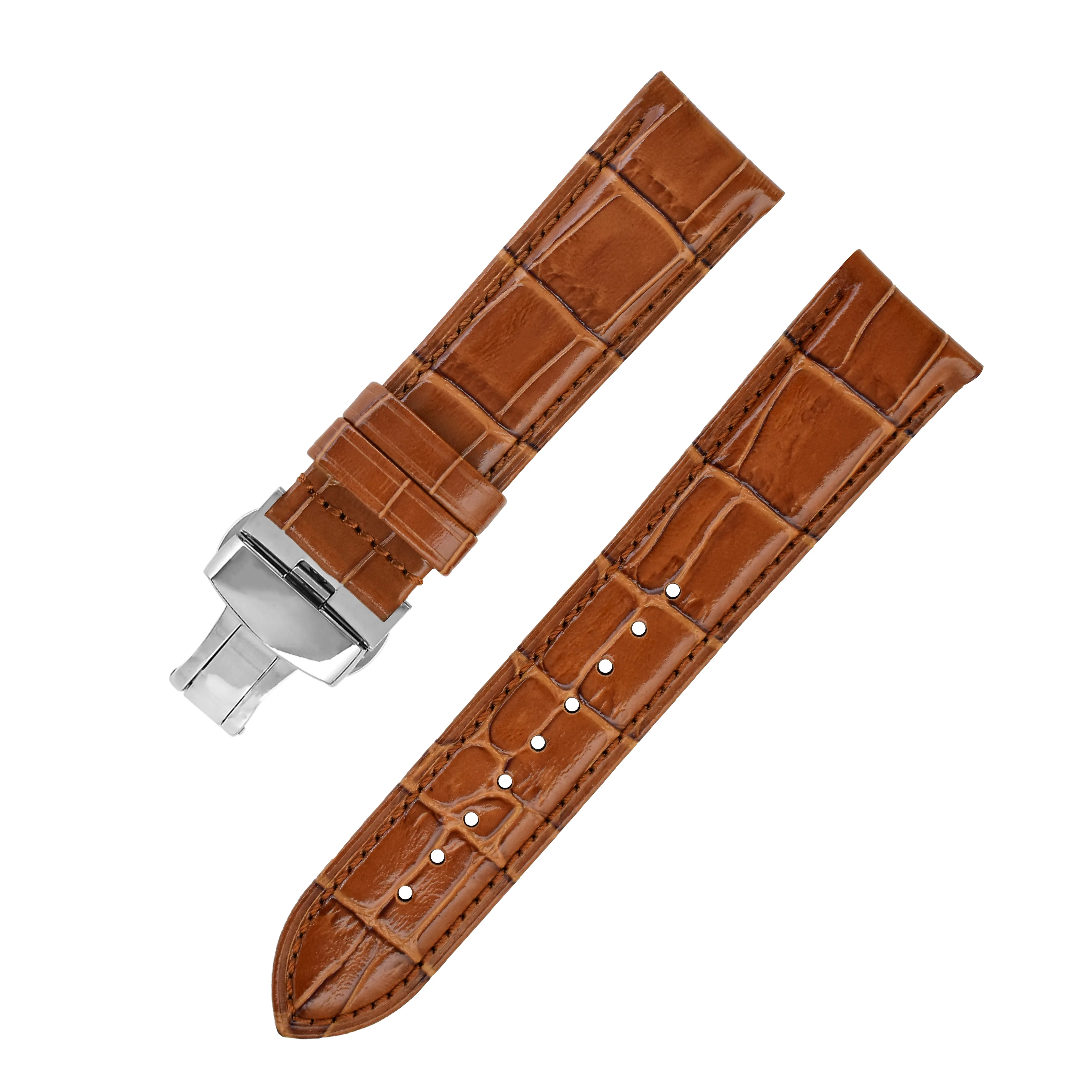 Bamboo Pattern Genuine Leather Watch Strap With Double Press Butterfly Buckle Watches Accessories 18mm 20mm 22mm 24mm Straps