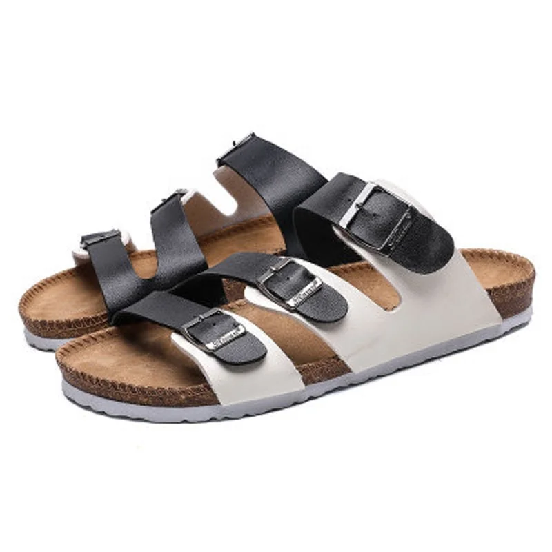 
Men Summer PU Beach Shoes Three-Button Sandals Leisure Cork Non-slip Comfortable Couple Sandals Women Breathable Slippers 