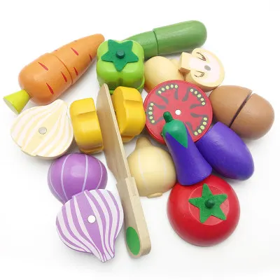 Wholesale preschool role play pretend play kitchen set toy wooden food cutting vegetables fruit toy for kids
