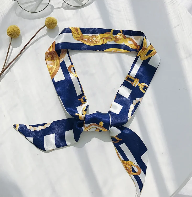 Factory direct custom Multi colors print satin scarf Narrow scarves hair accessories wholesale tied handle bag Twill scarves
