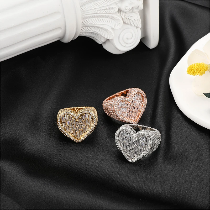 2024 Trendy  Jewelry Hip Hop Iced Out Rings Gold Plated Cubic Zirconia Diamond Heart Baguette CZ Pink Ring For Women