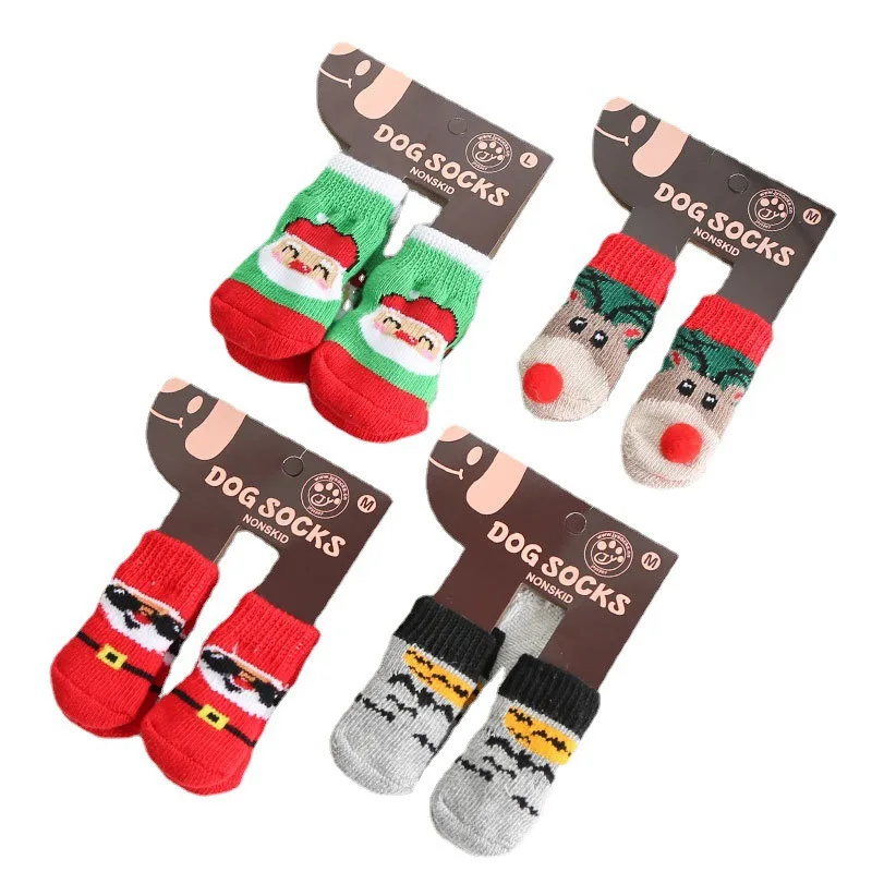 4pcs/set Dog Cat Cocks Christmas New Year Pet Socks Non-slip Cute Santa Socks for Small and Medium Size Pets Cats Dogs