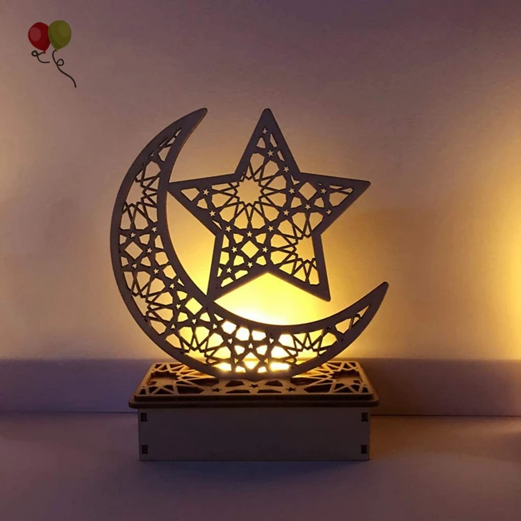 Wooden Ramadan Eid Mubarak Moon Star Islam Hanging Pendant Plate with LED String Lights Eid Mubarak Wooden Ornaments KD750