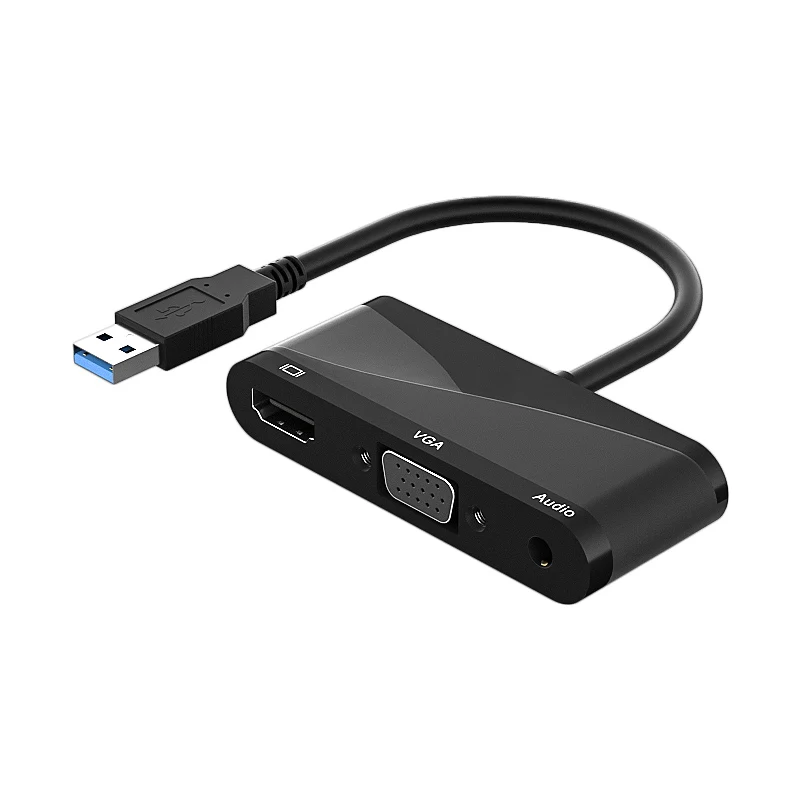 USB 3.0 TO HDMI +VGA+3.5mm Audio 3 in 1 converter Usb split-screen HD VGA hub 1080P drive free Black