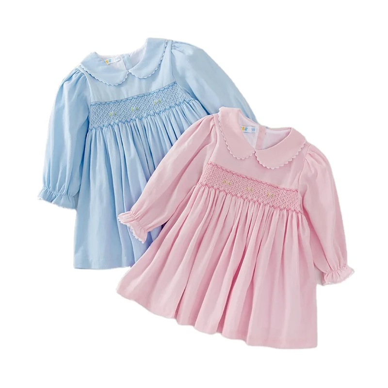 Hot Sale High Quality kids Girls Clothing Children 100% cotton Corduroy Long Sleeve Toddler Baby Girls Hand Smocked Dress