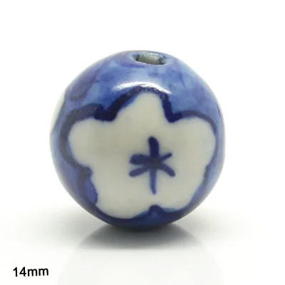 Handpainted 14mm custom European designs round blue and white multi designs porcelain Bead for jewelry making