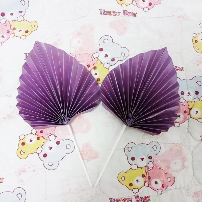 Fashion Hot 2pcs Big Size Paper Glossy Palm Leaves Cake Topper Birthday Cake Decoration Paper Folding Fan Cake Topper
