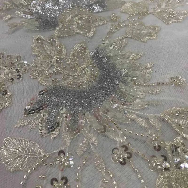 Mesh Embroidered Lace Beads Golden 100% Polyester 3d Embroidered Lace Dress