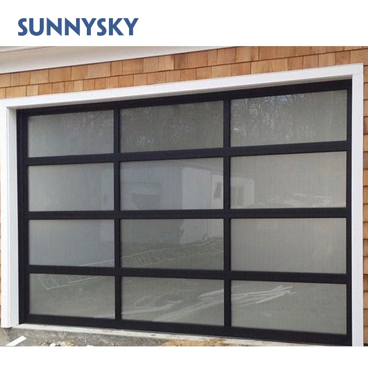 Sunnysky 16x8 Tempered Mirror garag door glass Automatic Sectional Commercial Aluminum Frameless Double Garage Doors