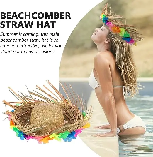 Hawaiian Beach Summer Hat Decorative Lei Straw Hat Costume Hats Accessories Party Fancy Dress for Women Men