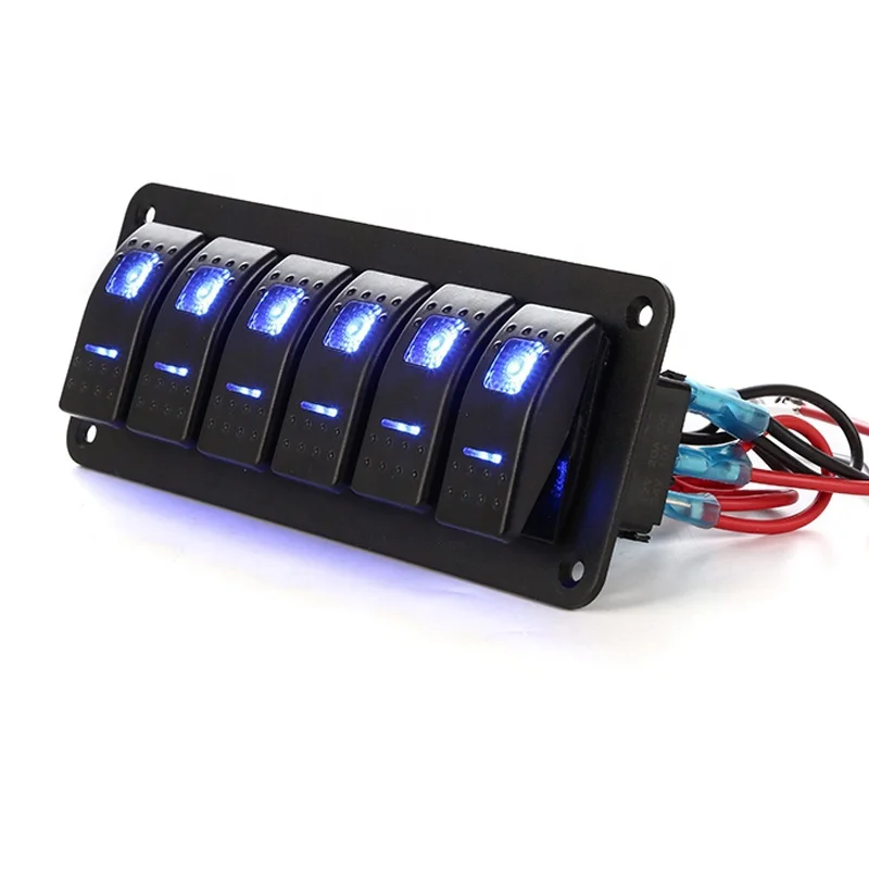 6 Gang Toggle Switches Dash 5 Pin ON Off 2 LED Backlit Rocker Switch Aluminum Panel for Boat Car Marine