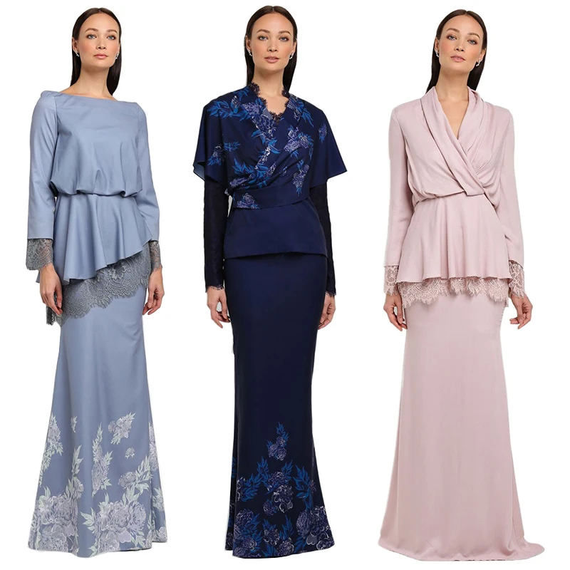 New Style Fashion Baju Kurung Drak Blue Long Sleeves Baju Kebaya Muslim Dress Islamic Clothing