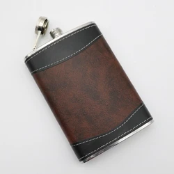 8 Oz Pocket Leather Wrapped Stainless Steel Hip Flask Brown Flasks For Liquor And Funnel
