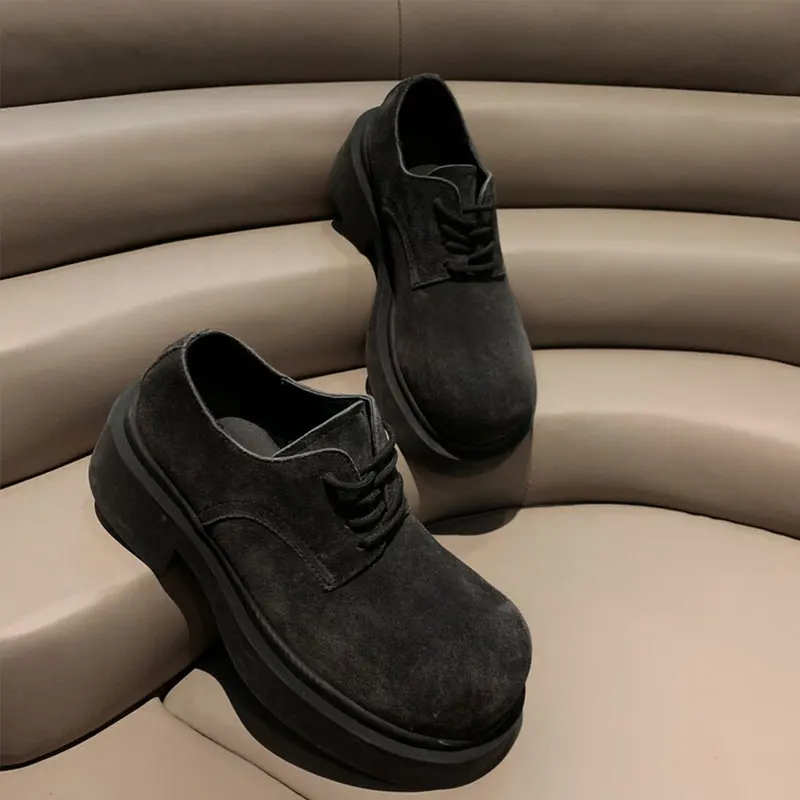 Xinzirain Custom Female Chunky Loafer Round Toe Cowhide Suede Lace Up Thick Sole Women High Heel Derby Dress Shoes