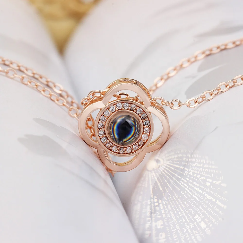 
Fashion Valentines Day Jewelry Gift 100 Languages Love Memory I Love You Projection Rose Gold Women Necklace 