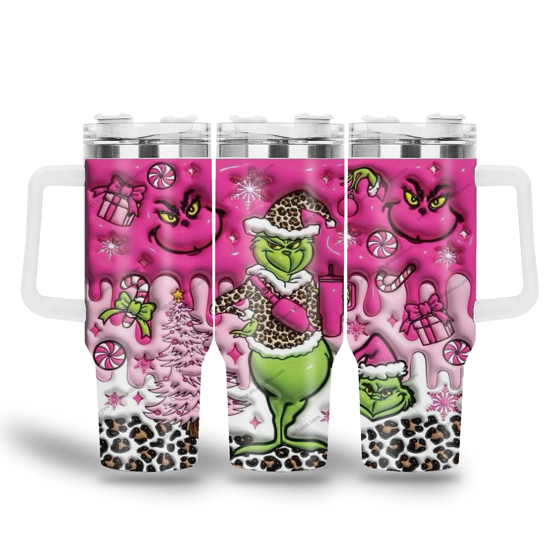 custom 3d puff Merry Christmas Grin Inflated Design Stainless Steel Vacuum Insulated Tumbler 40oz iced Coffe Cup with lid Handle