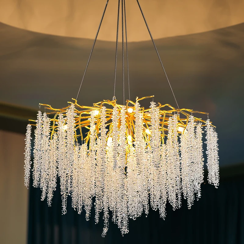 Luxury Metal Crystal Cascade Banquet Hall Art Deco Round Leaf Branch Chandelier Indoor Hanging Lamp Decorative Pendant Light